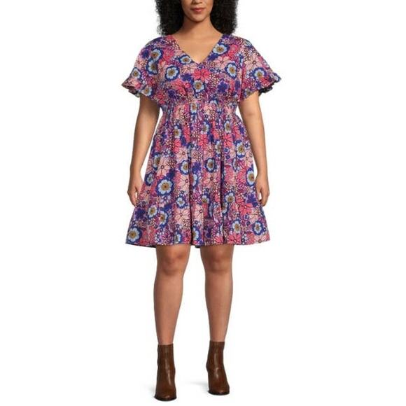 Terra & Sky Retro Floral/Lilac Bud Tiered Ruffle Midi Dress Plus Size 4x New - Picture 1 of 4